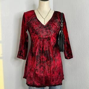 Y2K Red Black Velvet Printed V-Neck Tunic Top, 3/4 Sleeves